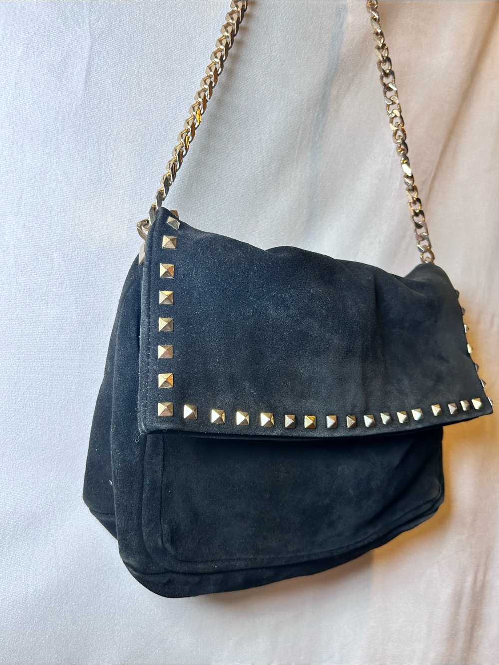 Zara Woman Black Suede, Gold Studded Chain Shoulder Bag